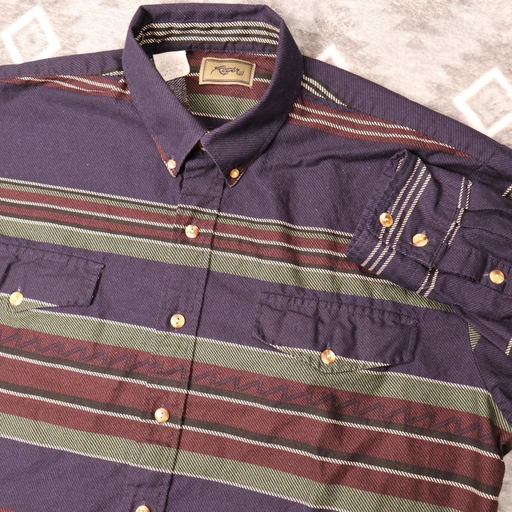 Roper Mens Western Stripe Button Down Shirt Navy Green Burgundy XL 17.5 x 36